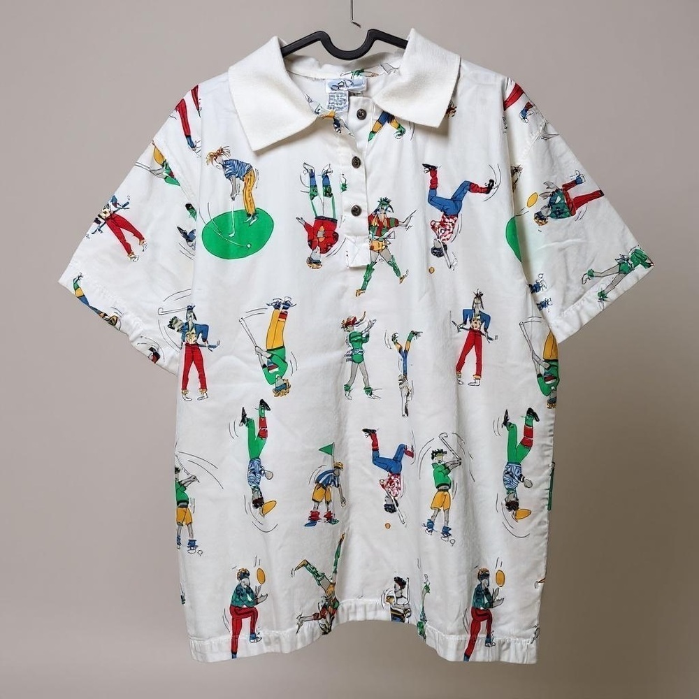 🔥 Vintage ORLY PARIS Sports Novelty Print Polo 🔥 Unisex